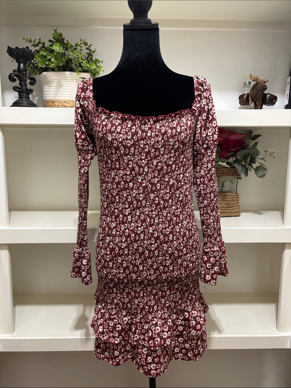 Vibe Burgundy Floral Smocked Long-Sleeve Mini Dress